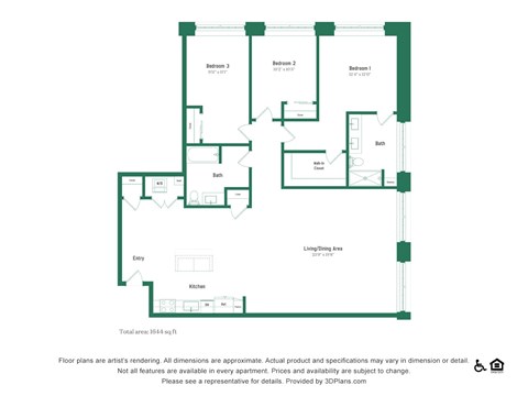 Floor plan for 3 beds, 2 baths, 1644 sqft